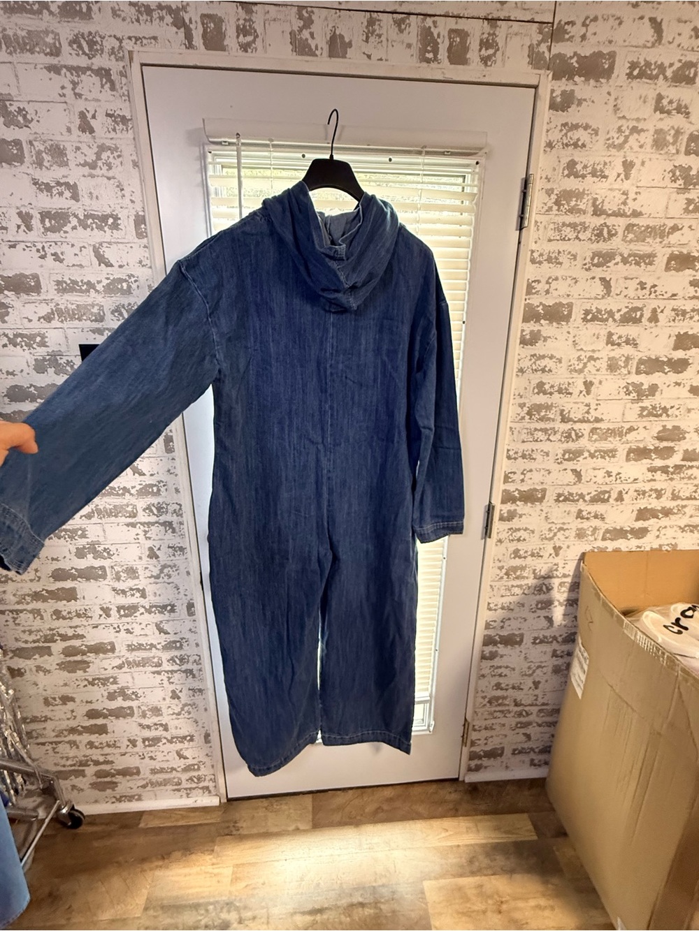 Denim Hooded Zip-Front Jumpsuit in Deep Blue - Picture 8 of 10
